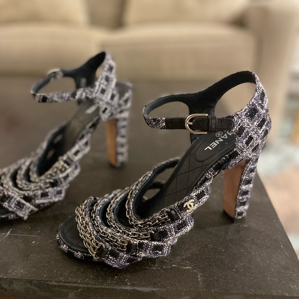 Chanel CC Pearl Logo Blue White Tweed Multi
Chain Strappy High Heels Sandals